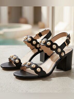 Marc Fisher - Black Scalloped Pearl Accent Block Heel Sandals